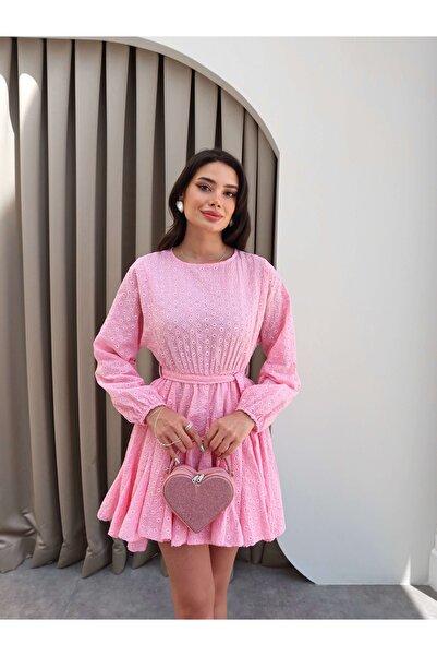 ESRAHELVACI Kuşaklı Fisto Desen Mini Elbise