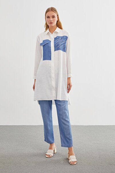 Zühre Long Ecru Tunic with Accessory Detail T-1371