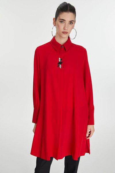 Zühre Red Tunic with Brooch and Hidden Buttons T-1415