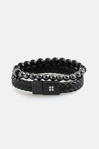 Avva Men's Black 2-Piece 100% Leather and Hematite Stone Bracelet A32y9621