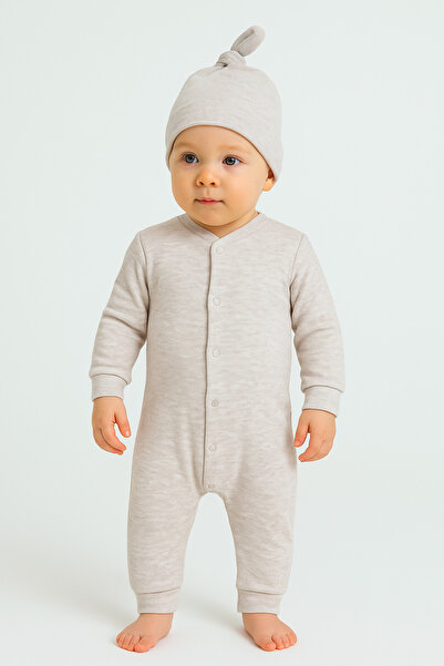Bubito Corduroy Combed Baby Jumpsuit with Stylish Hat - gray
