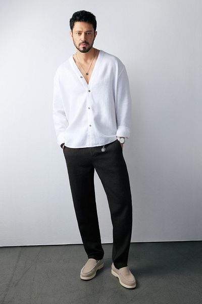 Avva Men's Black Relaxed Fit Elastic Waist 100% Linen Trousers B003032
