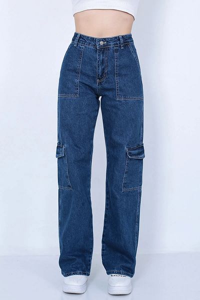 Asortix Girls' Cargo Pocket Detailed High Waist Wide Leg Jeans
