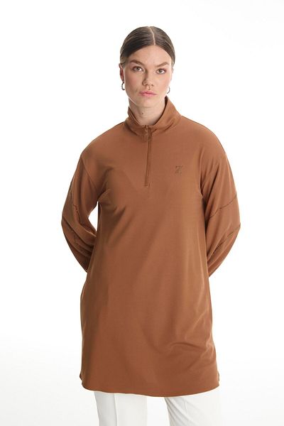 Zühre Stone Embroidered Zipper Collar Camel Tunic T-1494