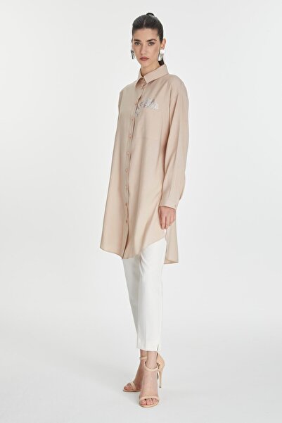 Zühre Shirt Collar Buttoned Pocket Detailed Beige Tunic T-1576