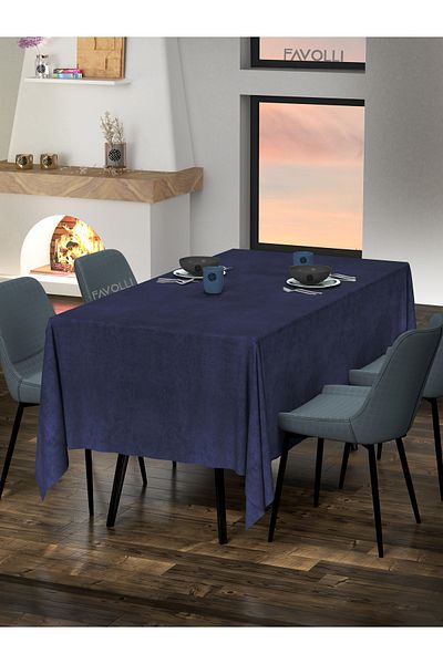 FAVOLLİ Velvet Textured Navy Blue Color Tablecloth
