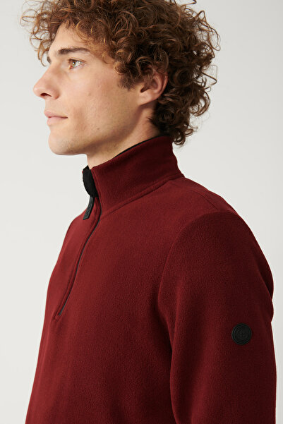 Avva Men's Red Cold Resistant Half Zipper Stand Collar Fleece Sweatshirt E 001068