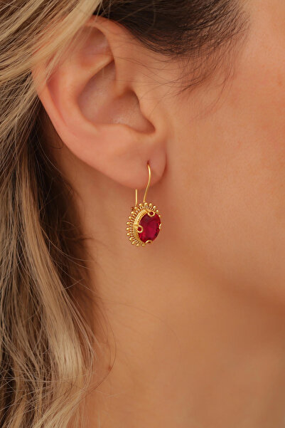 Bayar Gold 14 Ayar Altın Kırmızı Taşlı Güneş Küpe