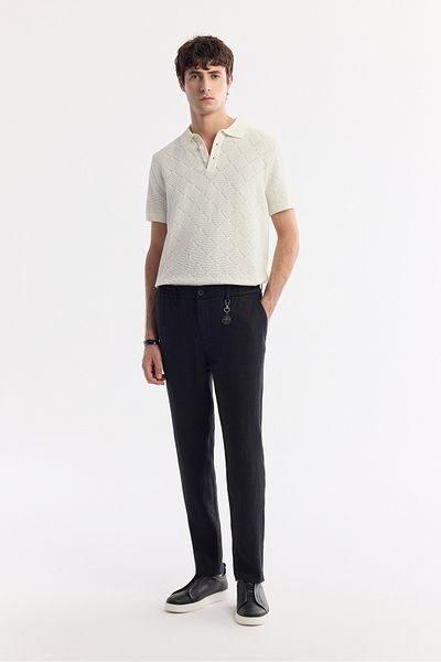 Avva Men's Black Relaxed Fit Elastic Waist 100% Linen Trousers B003032