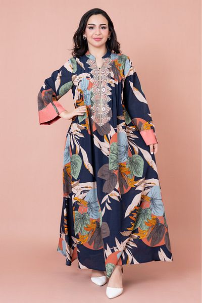 IKKXA Embroidered Leaf Blossom Jalabiya