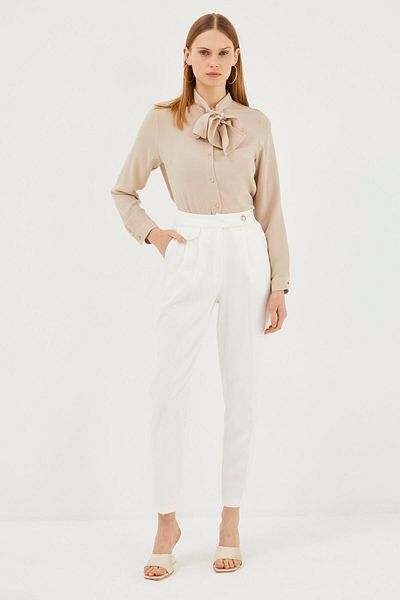 Zühre High Waist Ecru Carrot-Fit Trousers P-0179