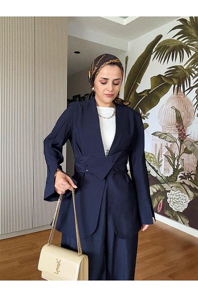 Aselim Hijap Moda Moila Imported Woven Fabric Jacket +Palazzo Pants Suit Navy Blue