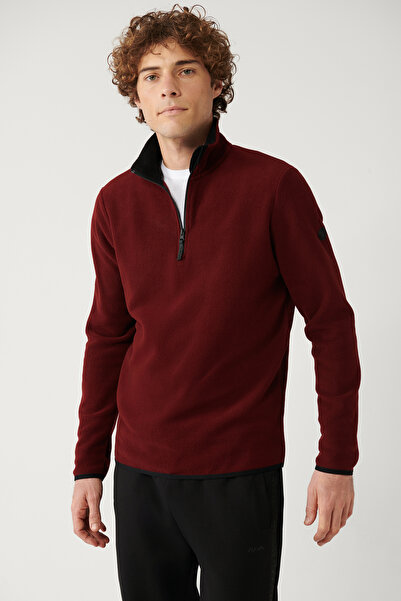 Avva Men's Red Cold Resistant Half Zipper Stand Collar Fleece Sweatshirt E 001068