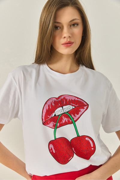 Bianco Lucci Γυναικείο T-Shirt Cherry Lips με στάμπα πέτρα με λεπτομέρεια κανονική εφαρμογή 4137 60283298