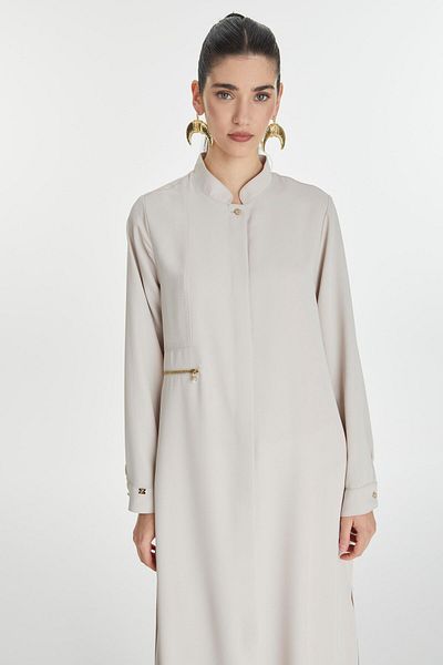 Zühre Judge Collar Zipper Detailed Long Beige Tunic T-1579