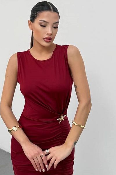 WOMAN VISION Rochie midi fără mâneci pentru femei, roșu Claret, drapat și cu fante, 13606