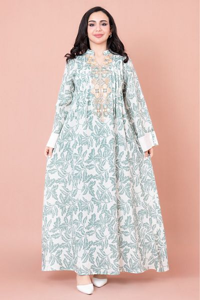 IKKXA Embroidered Leaf Print Jalabiya