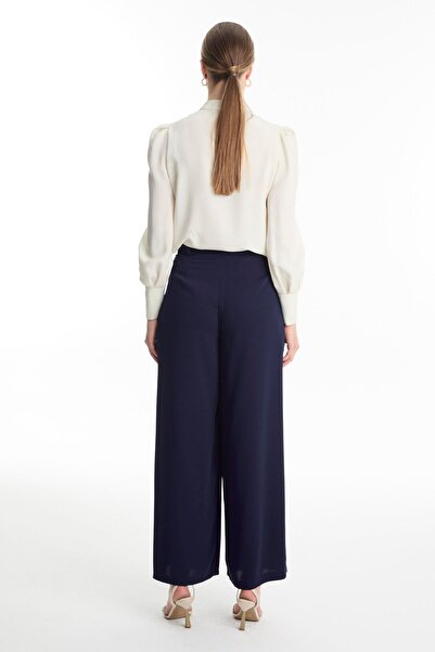 Zühre Pile Detailed Belted Navy Blue Trousers P-0222