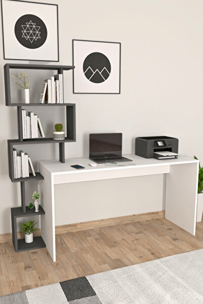 Moonlife Pratik Kitaplıklı Çalışma Masası Beyaz Antrasit