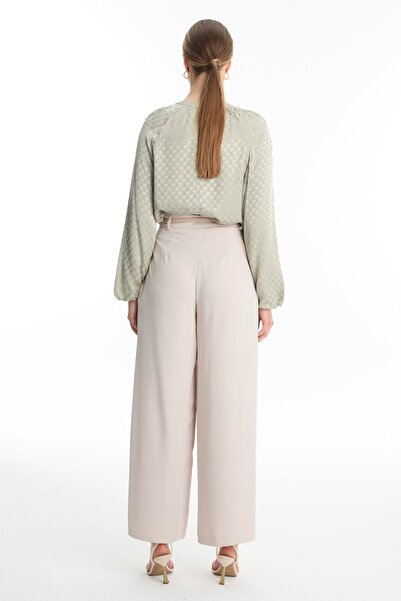 Zühre Belt Detailed Wide Leg Beige Trousers P-0222