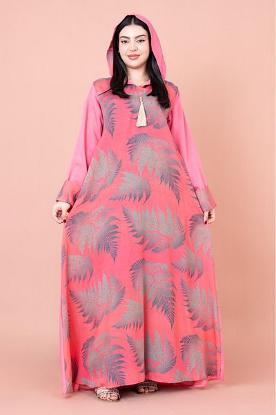 IKKXA Hooded Leaf Print Jalabiya