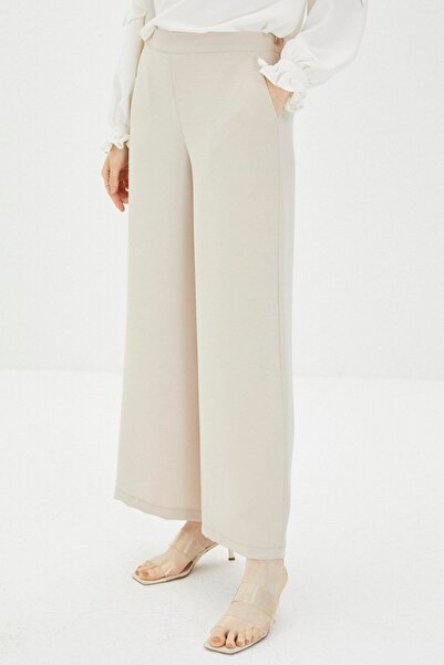 Zühre Παντελόνι από ύφασμα μπεζ με φαρδύ πόδι P-0013