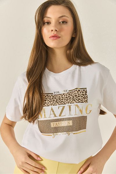 Bianco Lucci Women's Printed Stone Detailed Regular Fit Cotton T-Shirt 8136 60283302