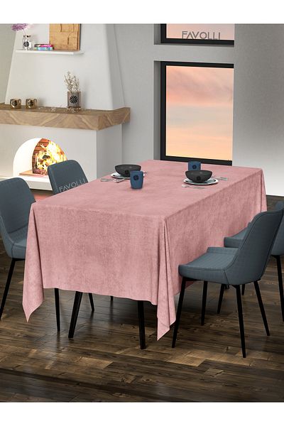 FAVOLLİ Velvet Textured Light Pink Color Tablecloth