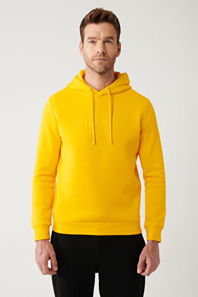 Avva Erkek Sarı Kapüşonlu 3 İplik Şardonlu Baskılı Sweatshirt A32Y1240