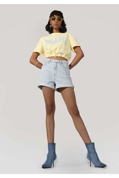 Colin's Yellow Crew Neck Text Printed Women's Short Sleeve T-Shirt - Regular Fit