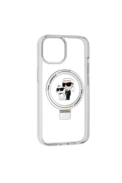 Karl Lagerfeld Husă pentru iPhone 15, Husă rigidă cu inel și suport MagSafe, Karl Lagerfeld - Albă