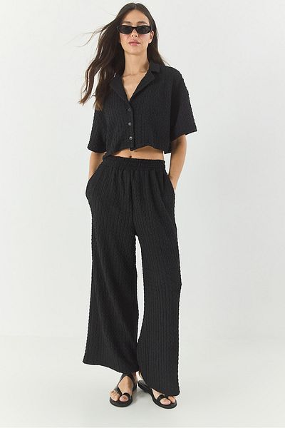 Bianco Lucci Women Seersucker Crop Jacket Elastic Waist High Waist Pants Suit Bottom-Top Suit 9313 60281043