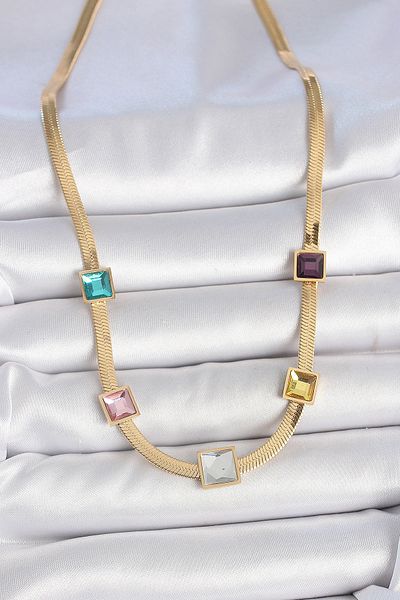 BESKAR 316L Steel Gold Color Italian Chain Model Square Colored Zircon Stone Women's Necklace