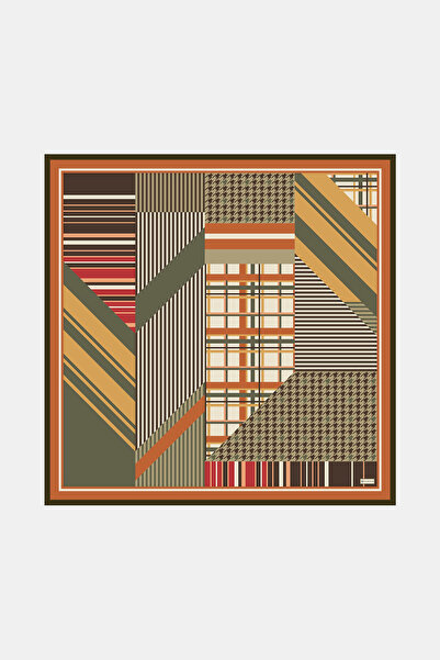 Vakko Khaki Geometric Patterned Cashmere/Silk Scarf