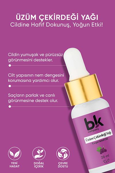 BK COMPANY Grape Seed Oil 100% Pure Powerful Antioxidant Protection, Deeply Moisturizing Serum 20 ml