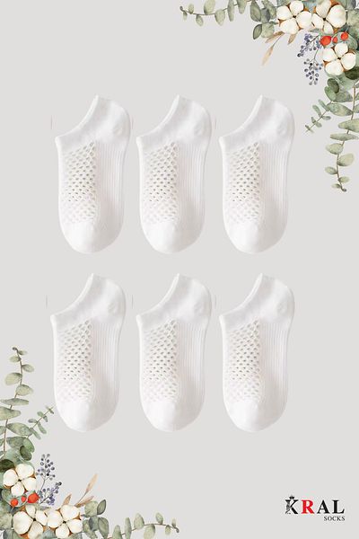 KRAL SOCKS Women's Booties (6 Pairs) Quarter Socket Mesh Model Cotton Anti-Sweat Socks Set