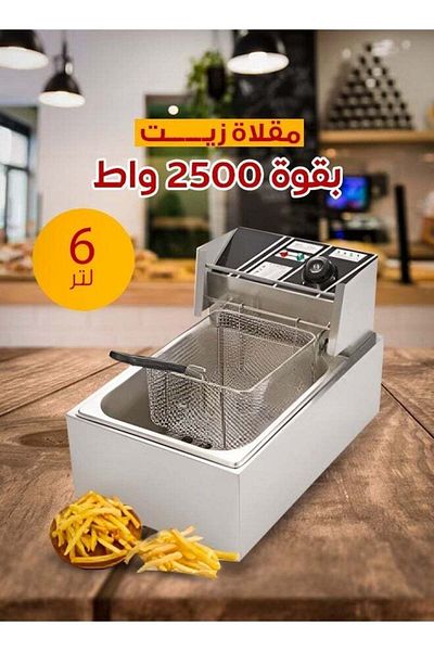 Denx مقلاة زيت عميقة من الفولاذ المقاوم للصدأ سعة 6 لتر مع مصفاة سلة ودرجة حرارة قابلة للتعديل ومؤقت بحجم كبير،