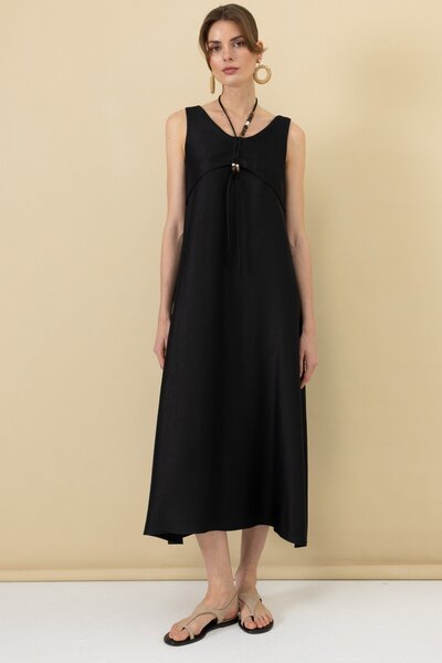 Ekol Boncuk Süslü Volanlı Maxi Elbise