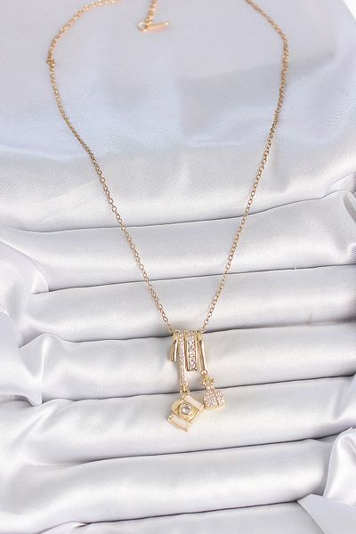 BESKAR 316L Steel Gold Color Zircon Stone Dangle Camera Figure Charm Women's Necklace
