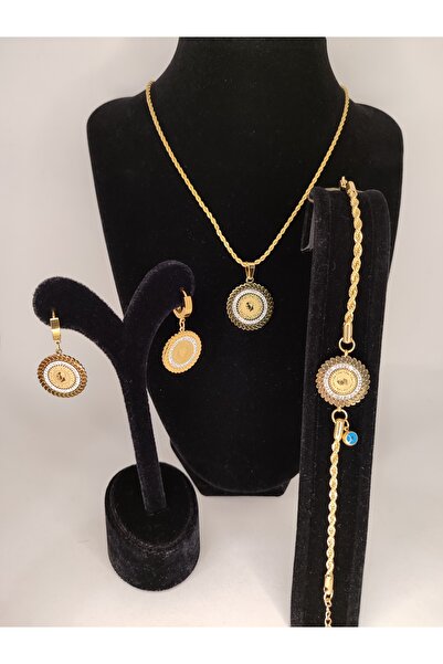 Romea Altın Temalı, Çeyrekli Kolye & Bileklik & Küpe Çelik TakınSeti, Altın R...