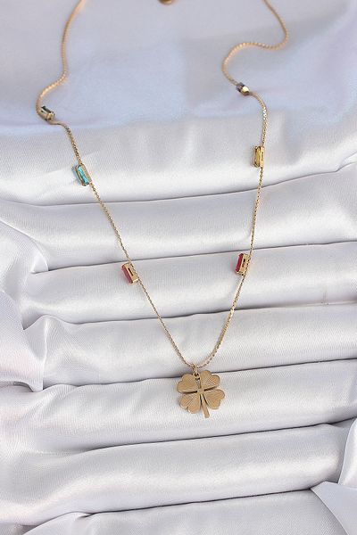 BESKAR 316L Steel Gold Color Clover Figure Zircon Stone Detailed Women's Necklace