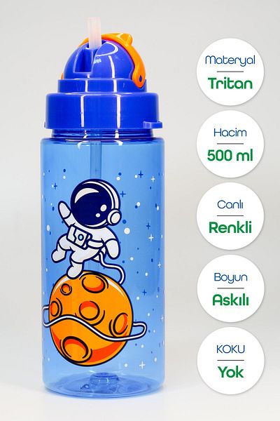 Telvesse Children Water Flask Tritan Water Bottle with Straw Neck Strap Space School Water Bottle Bpa-Free 500ml Blue T0107