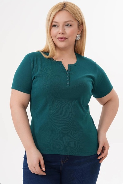 LİFERA Cotton Lycra Button Detail Basic T-Shirt, Large Size T-Shirt