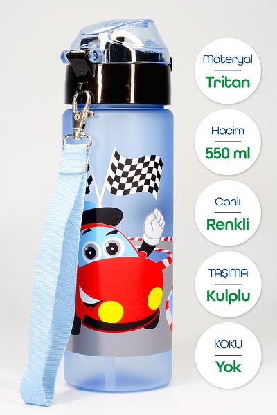 Telvesse Children's Water Bottle Tritan Straw Water Bottle School Water Bottle with Carriage Straw Bpa-Free 550 ml Blue T0101