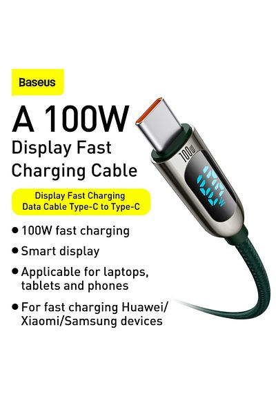 Baseus LED Display Fast Charging Data Cable Type-C to Type-C 100W 5A, Nylon Braided, 1M - Green