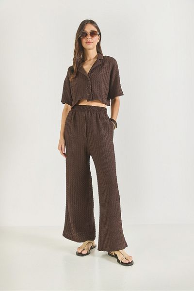 Bianco Lucci Women Seersucker Crop Jacket Elastic Waist High Waist Pants Suit Bottom-Top Suit 9313 60281043
