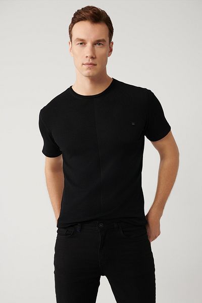 Avva Men's Black Crew Neck Rayon Textured Knitwear T-Shirt A41Y5099