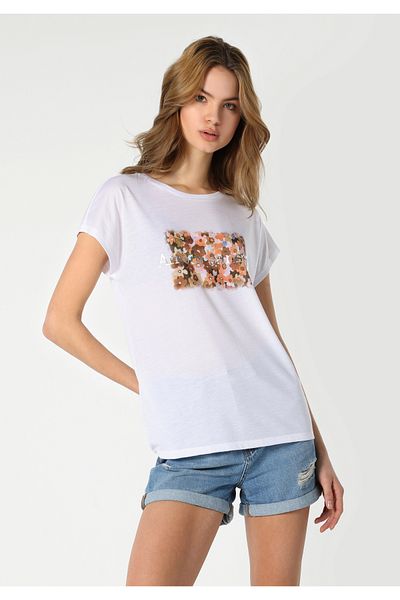 Colin's Tricou alb cu mânecă scurtă pentru femei, cu decolteu rotund, cu croială normală