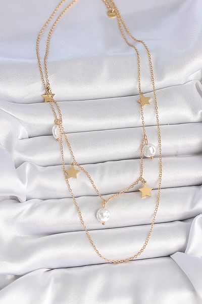 BESKAR 316L Steel Gold Color 2 Piece Chain Dangle Star Pearl Model Women's Necklace
