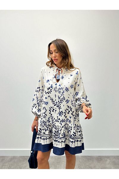 Maldia Shop Γυναικείο φόρεμα με φούντα με κορδόνια λευκό μποέμ